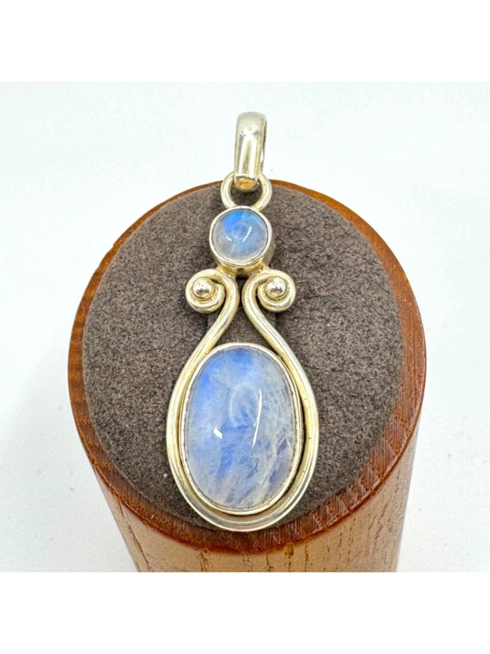 Moonstone Bezel Set Scroll Pendant Sterling Silver 925 Size 2" Length